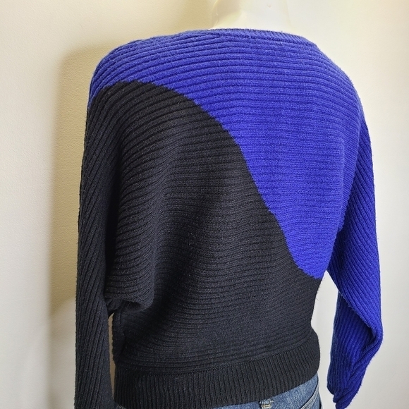Express Black Cobalt Blue Colorblock Dolman Sleeve Ribbed Chunky Knit Sweater XS - Picture 7 of 12